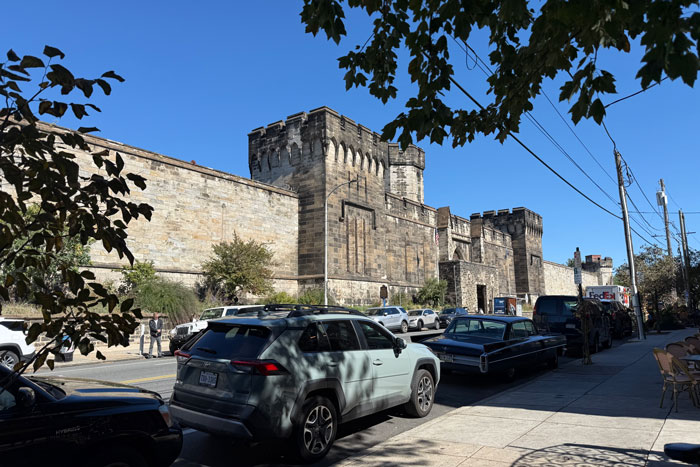 The exterior wall of Eastern State Penitentiary, built in the middle of farmland in the early 1800s.