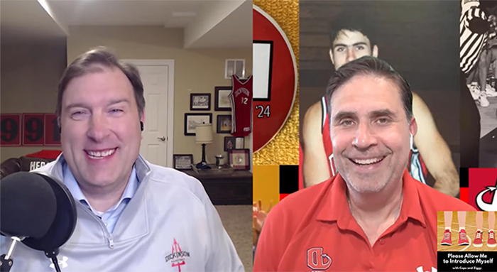 Mark Copeland &rsquo;91 (left) and Bram Zeigler &rsquo;93 host the "Please Allow Me to Introduce Myself" podcast, designed for anyone who cares about Dickinson basketball.
