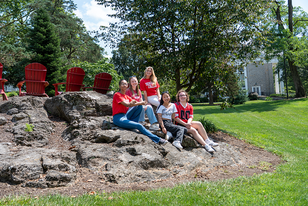 Dickinson Tour guides pose for a photo on Morgan Rocks