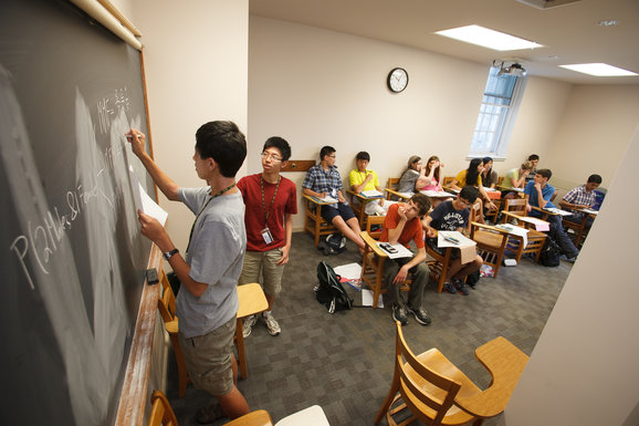 Students from the Center for Talented Youth interact in a Dickinson classroom.