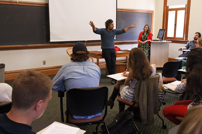 Mark Ruffalo visits a classroom at Dickinson College.