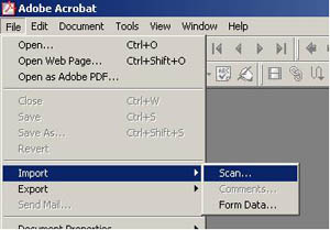 Adobe Acrobat file, import, scan menus