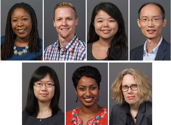 Top row (from left): Naila Smith, Nicholas Soderstrom, Maiko Arashiro and Xiaolu Wang. Bottom row (from left): Qing Bai, Sheela Jane Menon and Lila Ellen Gray.