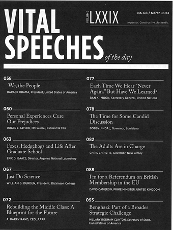 The cover of the journal that includes President Durden's speech.